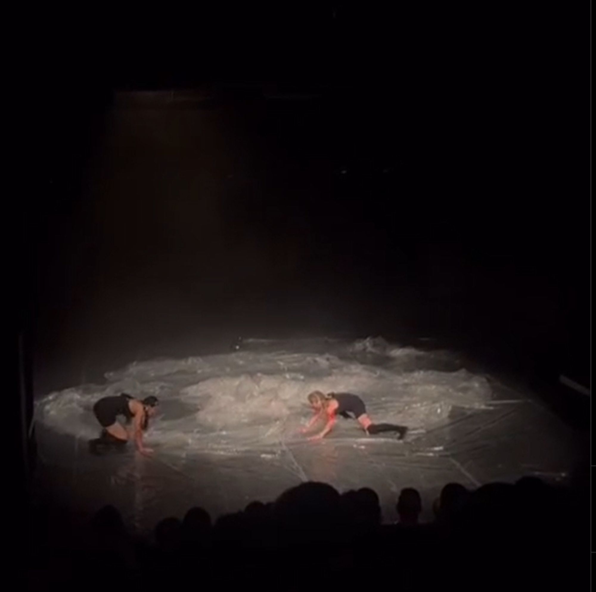 Two people in wrestling leotards, one with long blonde hair and one with long brown hair, on their hands and knees facing off on a stage covered with transparent plastic, with an oval of excess plastic marking off the fight ring between them.