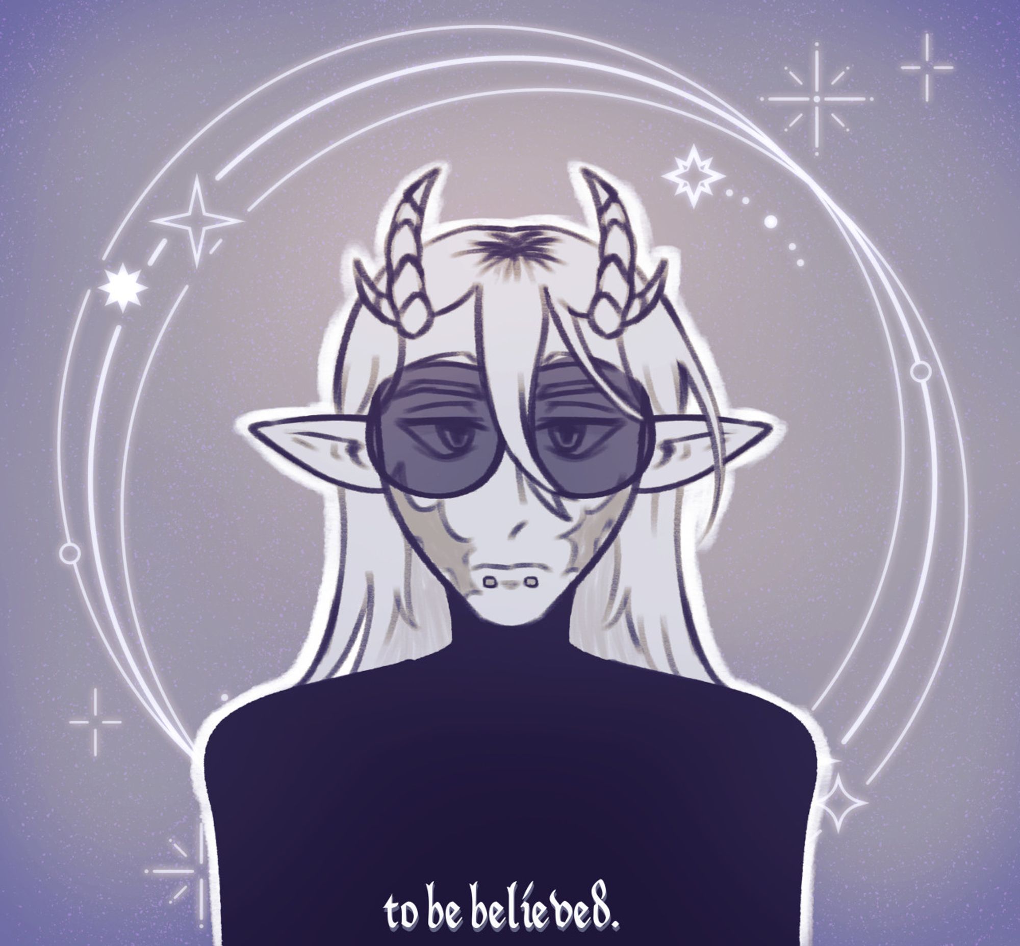 A portrait of an OC with horns, cheek scars, and large round sunglasses. They're staring forward with a neutral frown against a starry patterned background. The text at the bottom says: "to be believed."