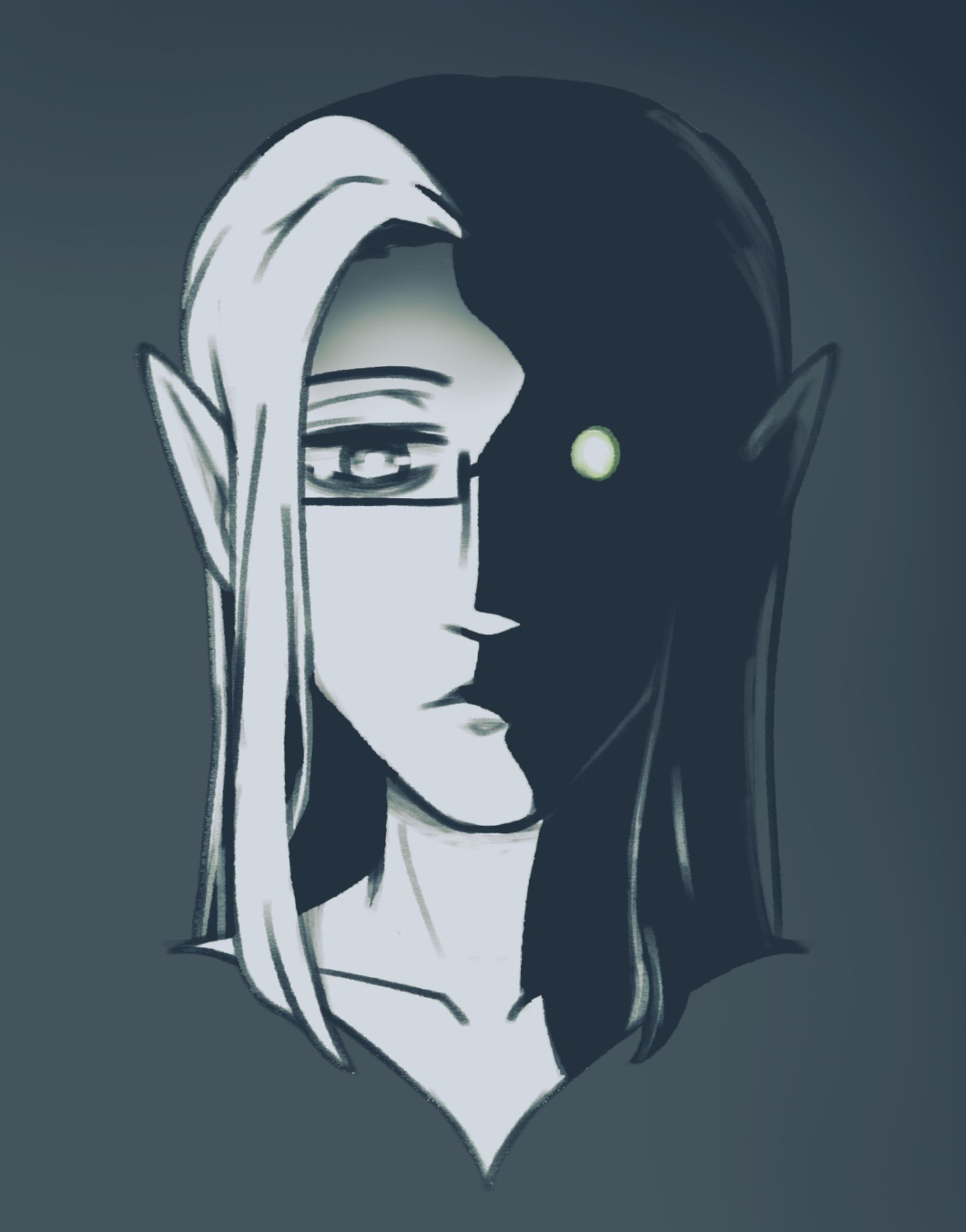 A portrait sketch of my character, Velaris, with his face half obscured by solid shadows. He looks so, so tired, a tear barely forming in his eye. On the shadowed half, the only facial feature visible is an eerily glowing iris.