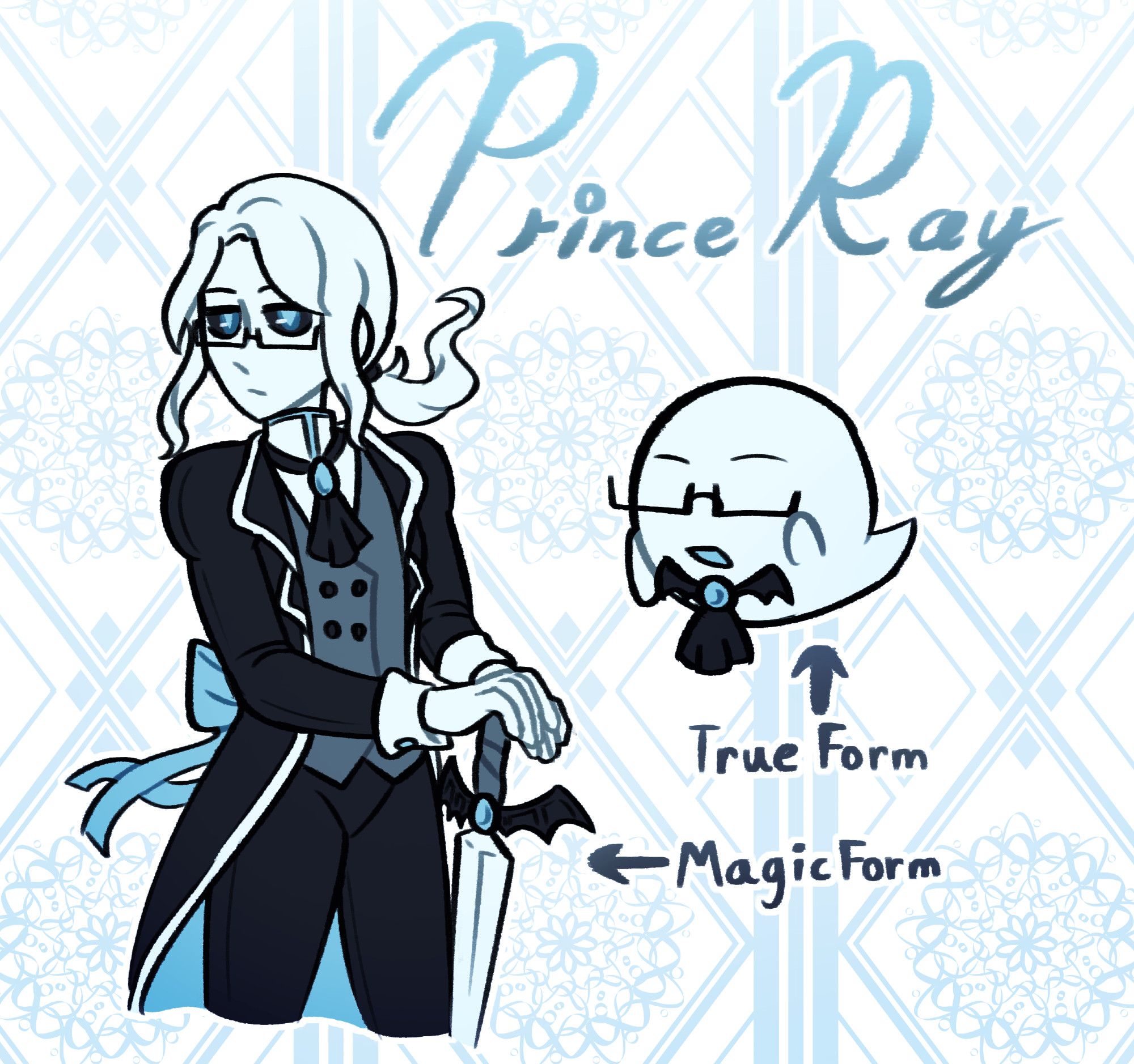 A ghostly looking man with glasses labeled as “Magic Form” stands in a fancy long coat and vest, hands resting upon the hilt of a magic sword. To his right is a Boo from Super Mario, labeled as “True Form”. The Boo has the same glasses and ascot as the ghostly man.

At the top is his name, “Prince Ray”.