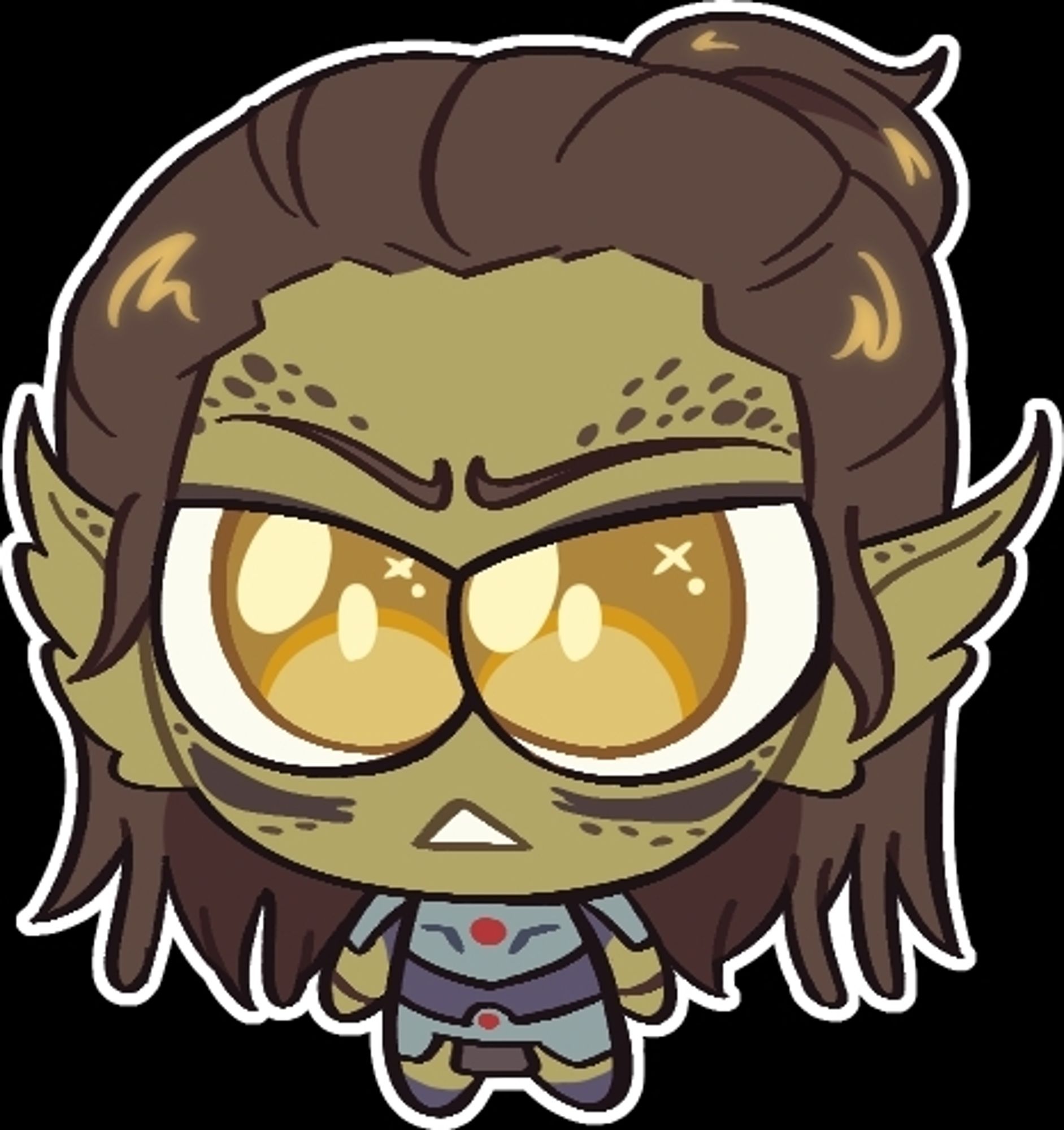 Chibi of Lae'zel from Baldur's Gate 3, who has sparkly eyes, but a more serious expression.