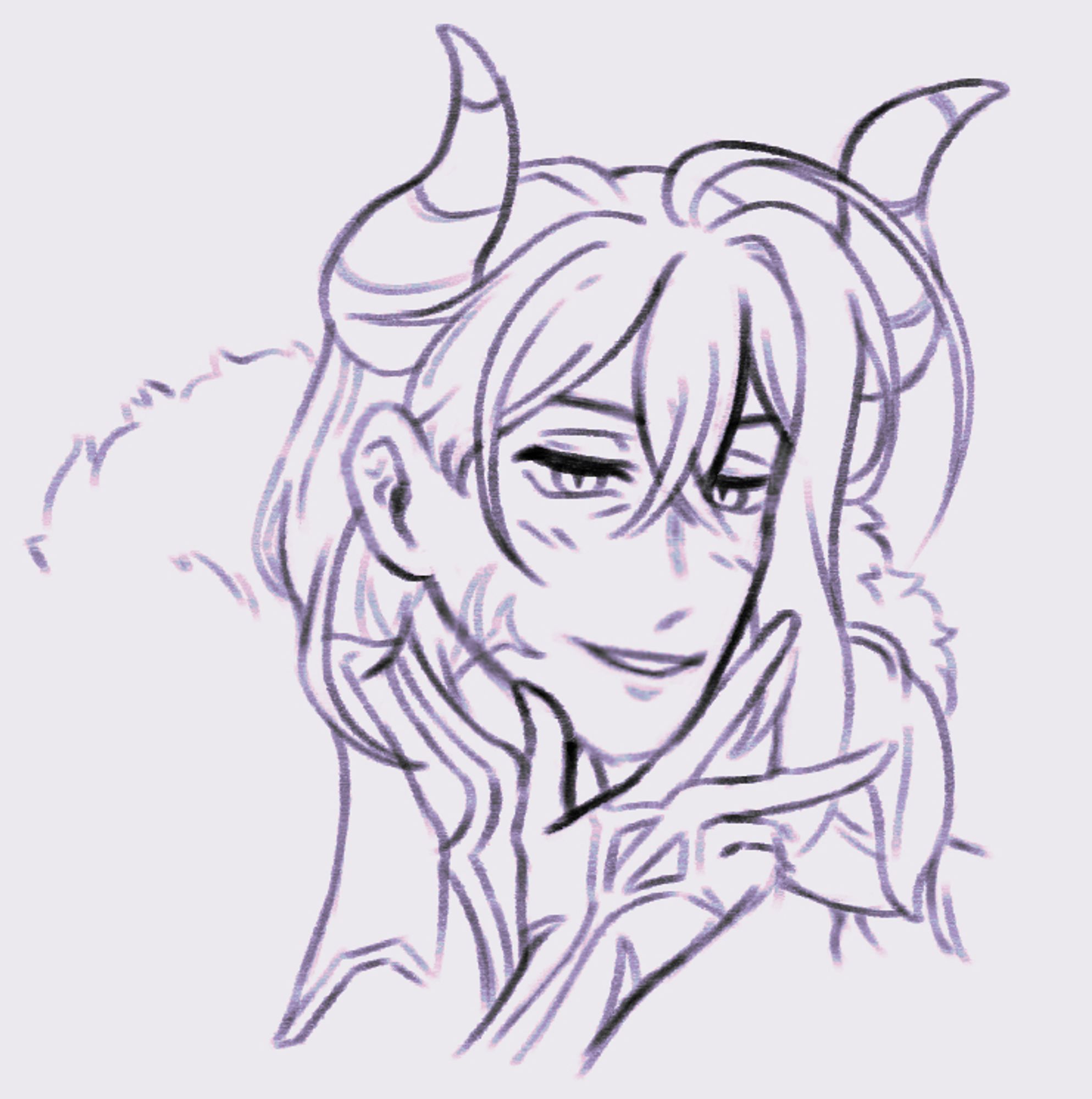 A sketch of Jakurai Jinguji from Hypnosis Mic, specifically his demon king outfit from the mobile game. He has a hand to his chin, smirking towards the viewer with interest.