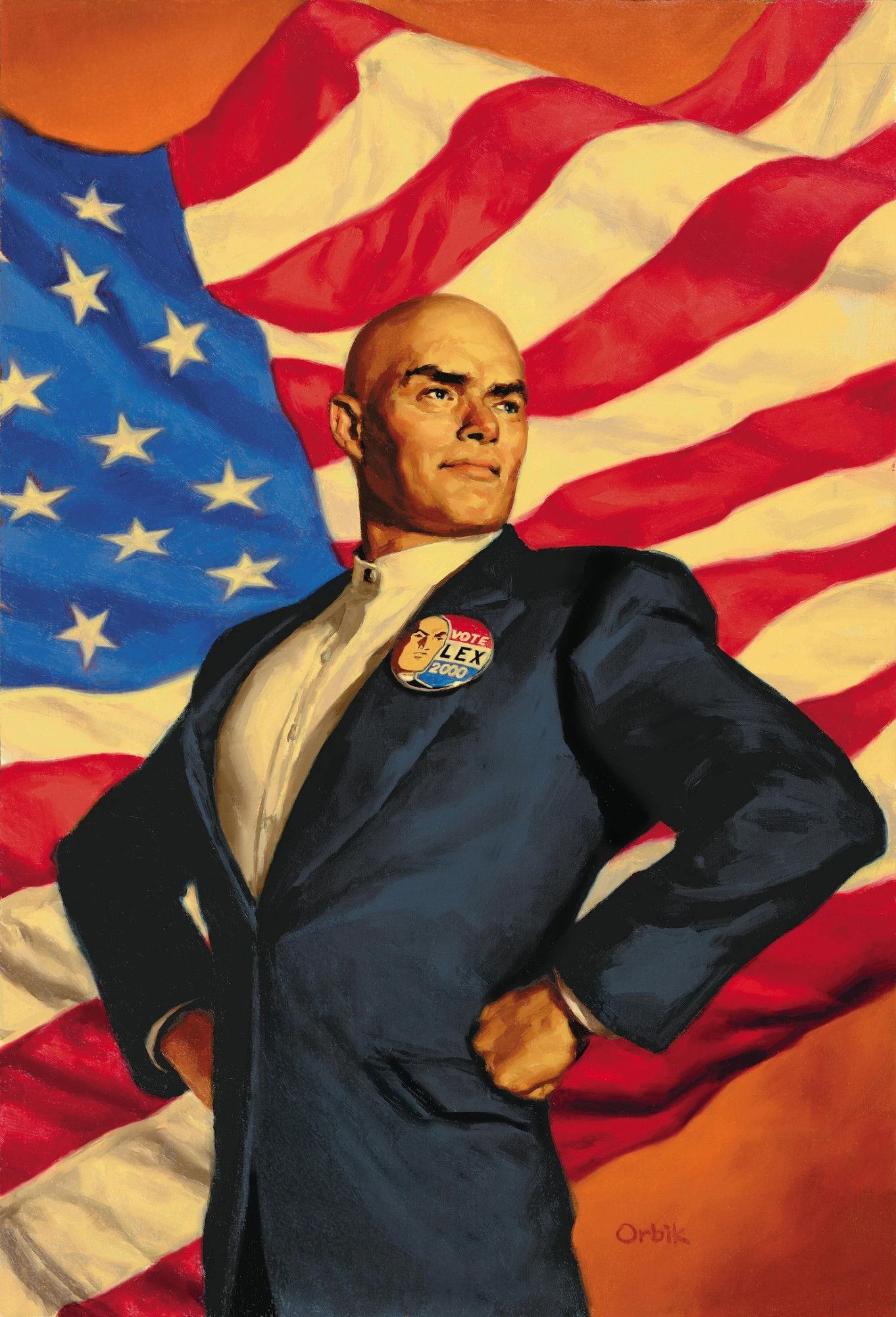 President Lex Luthor posing in front of an American flag