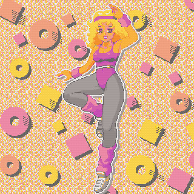 Pixel art of a blonde woman in 80's aerobics attire in front of a pastel Memphis print background. Art made by gors.bsky.social.