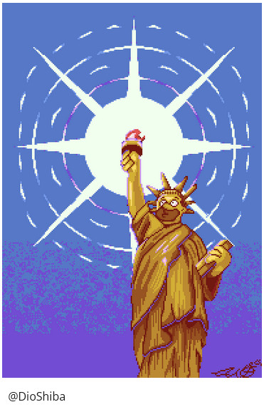 Pixel art drawing of Homer Simpson posing as the Statue of Liberty, with a large shine engulfing the flame in the torch. Art made by DioShiba.