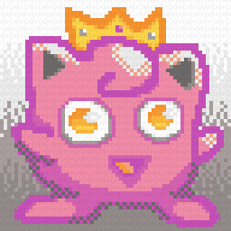 Pixel art of Jigglypuff from Pokémon wearing a gold crown and smiling. Art made by zerojanitor.bsky.social.