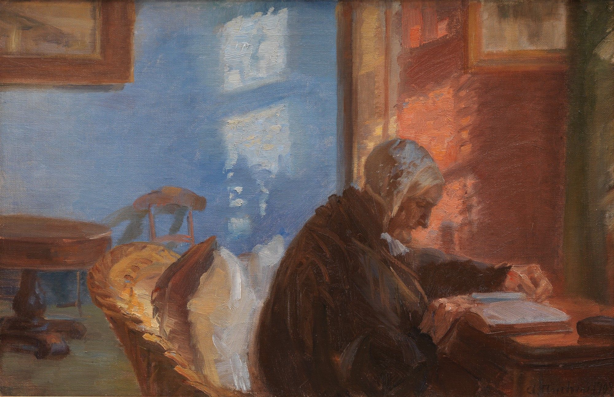 Gemälde der dänischen Malerin Anna Ancher (1859-1935). Es trägt den Titel "Kunstnerens mor Ane Hedvig Brøndum i den blå stue" - auf Englisch:  "The Artist's Mother Ane Hedvig Brøndum in the Blue Room" und entstand 1909.

#readerslife #surlalecture #theartofreading #sundayreading #sundayart