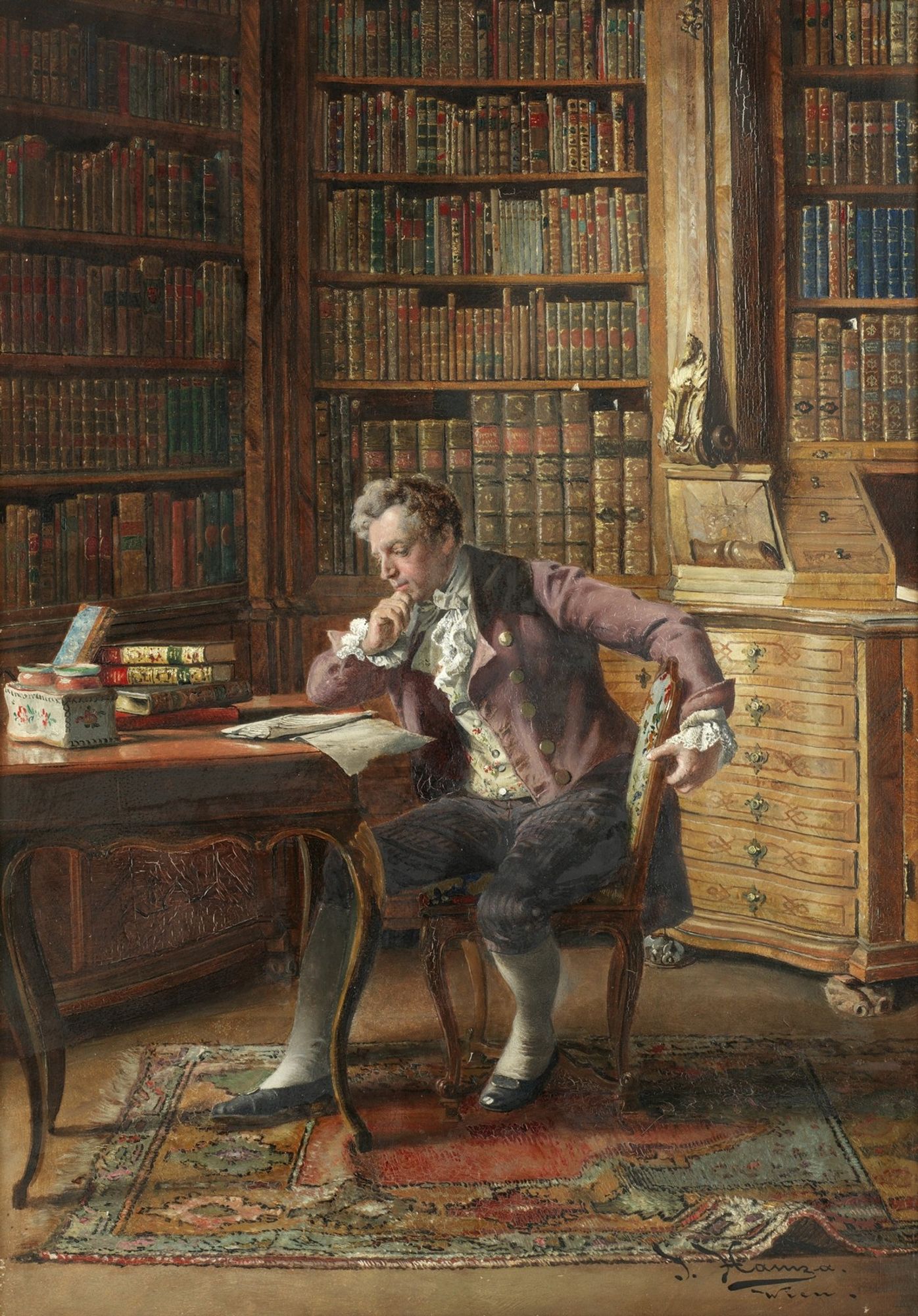 Gemälde des österreichischen Malers Johann Hamza (1850 - 1927). Es trägt den Titel "In der Bibliothek" (In the Library). Das Entstehungsdatum ist leider unbekannt.