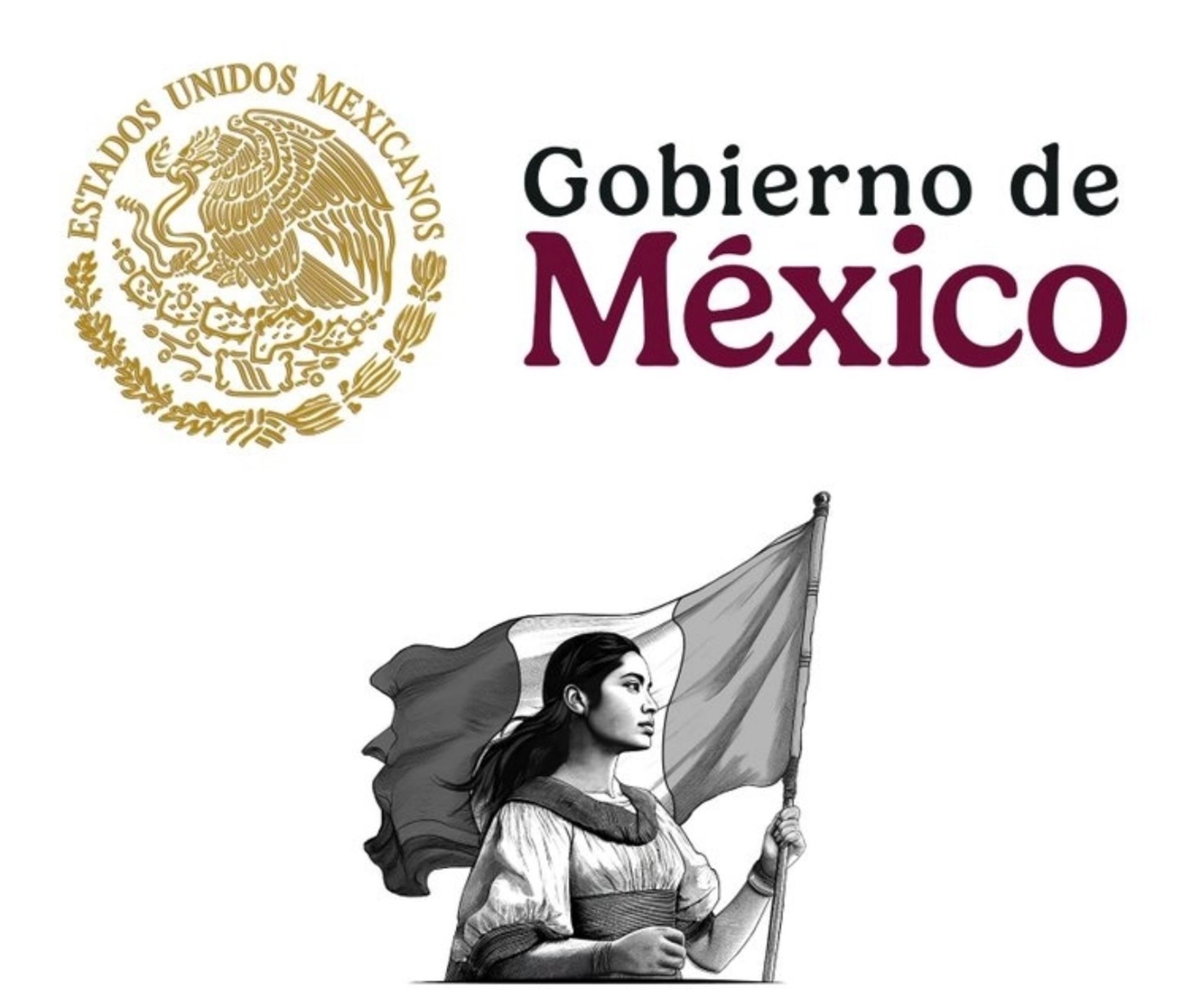 New "emblem" of Mexico's government with the typical stamped symbol in upper left, in gold, reading "ESTADOS UNIDOS MEXICANOS", with the Aztec-based symbol of an eagle capturing a snake while perched on a cactus, and in the lower center a woman in traditional indigenous influenced clothing (I didn't see a more particular identification) holds a Mexican flat in her left hand (on our right) while facing to her left (our right).