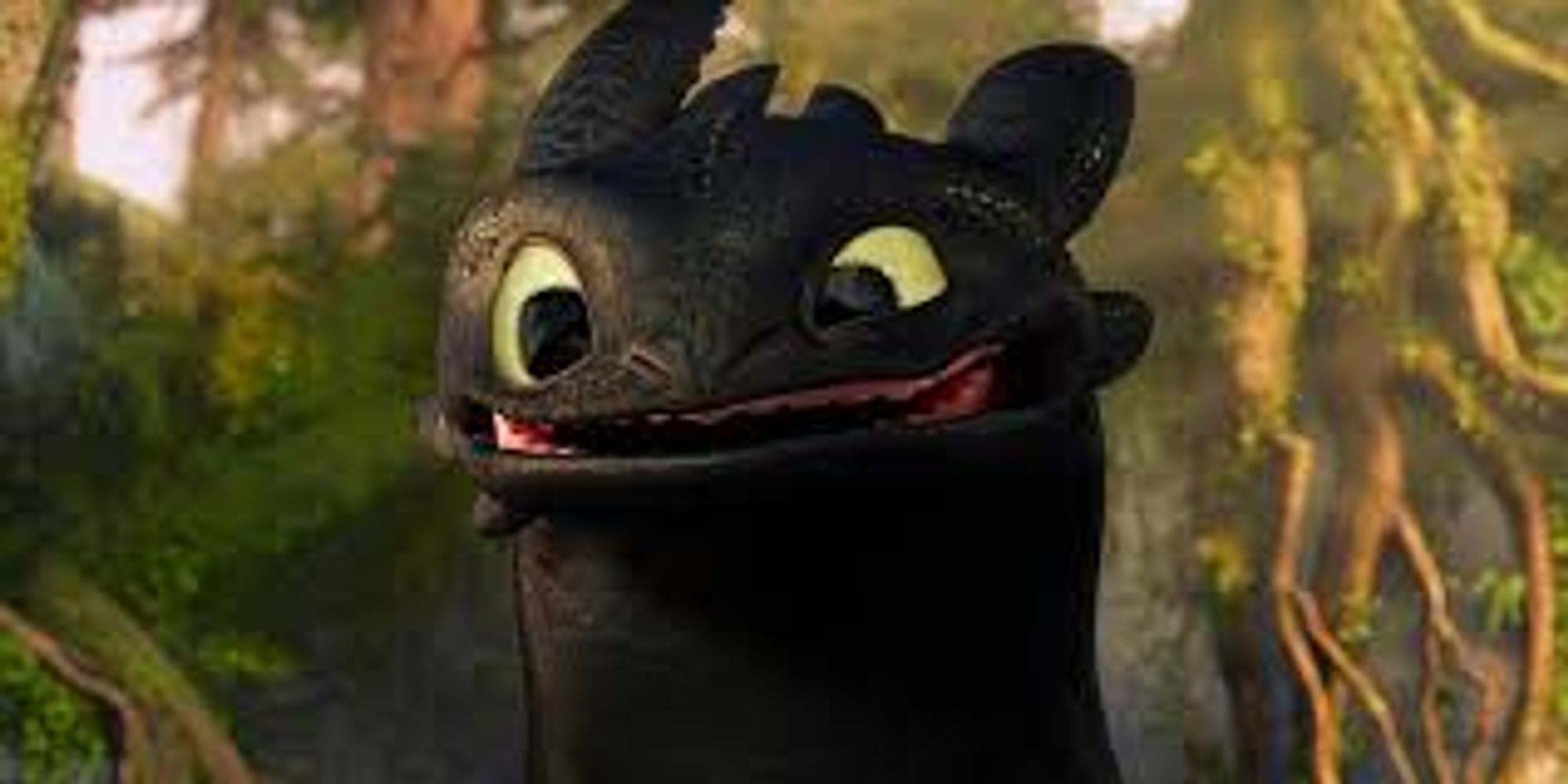 Image of "Toothless" the dragon from the How to Train Your Dragon series. A black cat-looking dragon is in the center of the image, in front of a forest background, with his left ear fairly raised and his right ear lying flatter, with his left eye wide open and his right eye squinting a bit, and his mouth is partly open in either confusion or a weak smile.