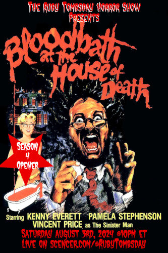 A horrified bespectacled man in a horrible necktie screams into the night, while a likewise bespectacled lady holds up a "Season 4 Opener" sign. A burning mansion lurks behind them.