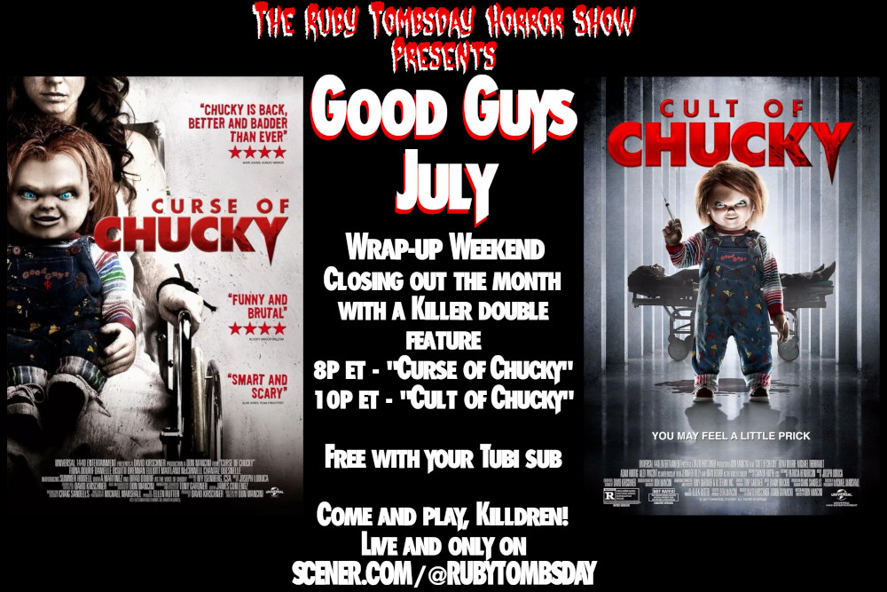 Left Image: movie poster for Curse of Chucky, titular doll sitting in lap of woman in wheelchair
Right Image: Cult of Chucky movie poster. Chucky holding a syringe with body on gurney in background