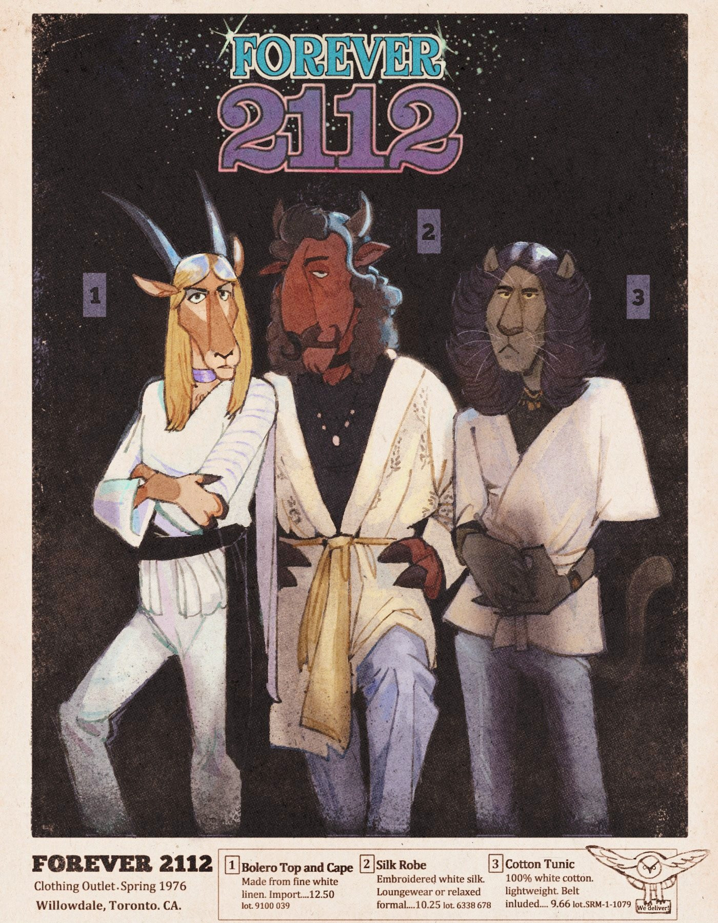 a faux-1970s advertisement for "Forever 2112" featuring three long-haired furries wearing silk robes and tunics