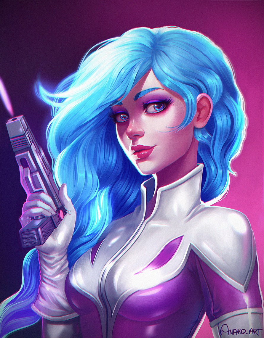 Sci-fi lady with long blue hair and laser gun in her hand.