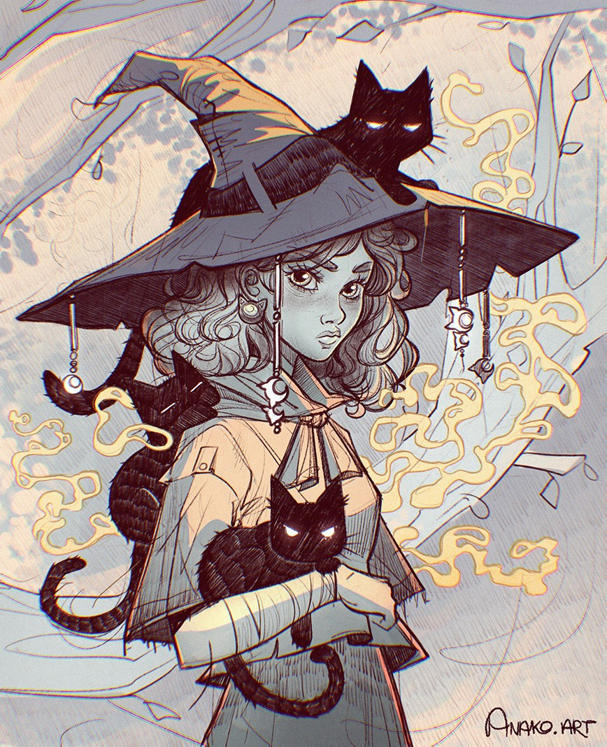 a procreate drawing of a witch and her black cats