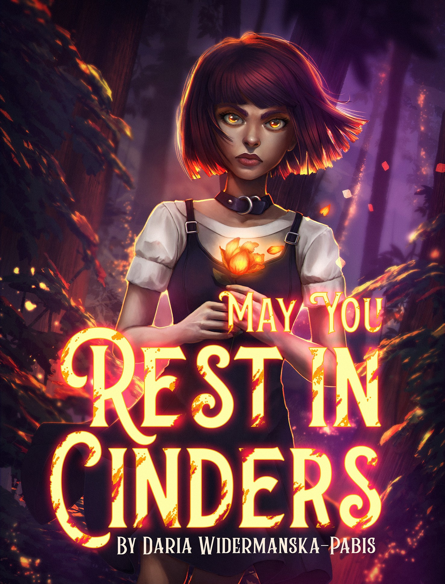 Concept cover for a young adult fantasy book, showing a girl with a burning flower and ablaze forest behind her.