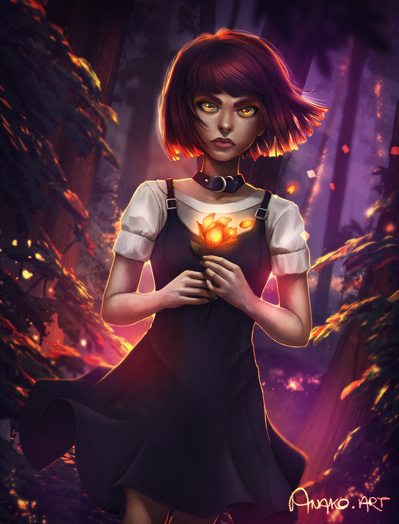 Concept cover for a young adult fantasy book, showing a girl with a burning flower and ablaze forest behind her.