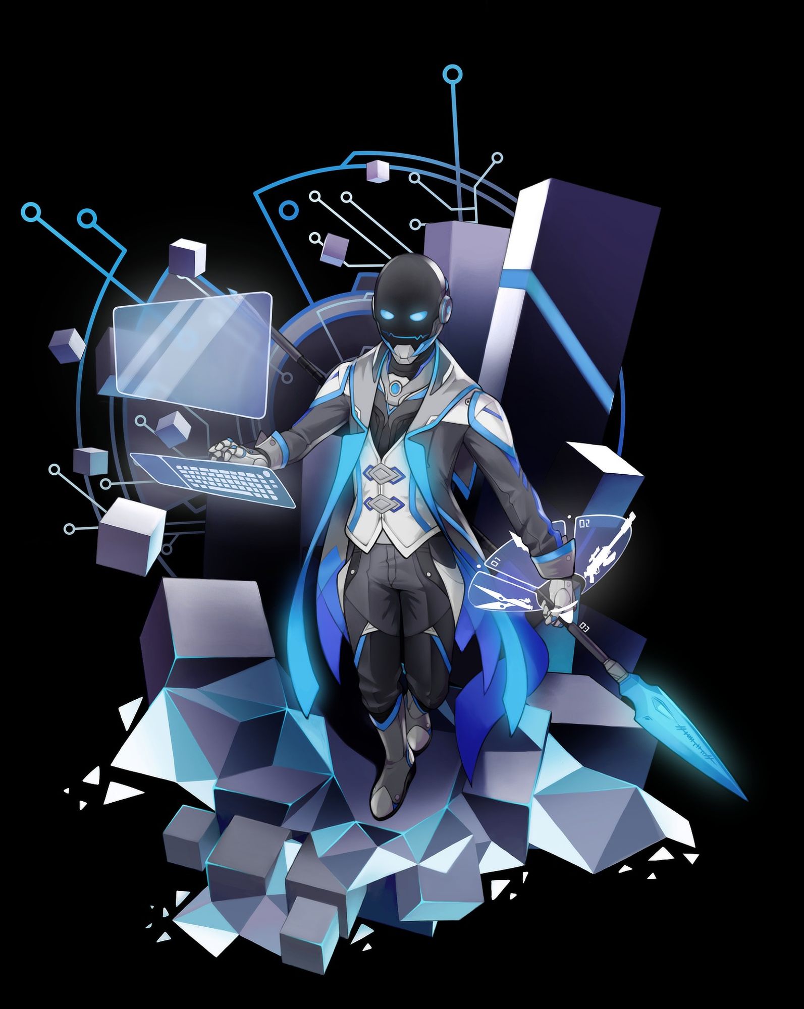 Vtuber Silver-Streak in an outfit inspired by Honkai Star Rail, with a long coat that glows blue inside, with white shoulders, a metallic grey neck area, and black outer area. Standing infront of a projected keyboard and display, holding a glowing blue hardlight spear.