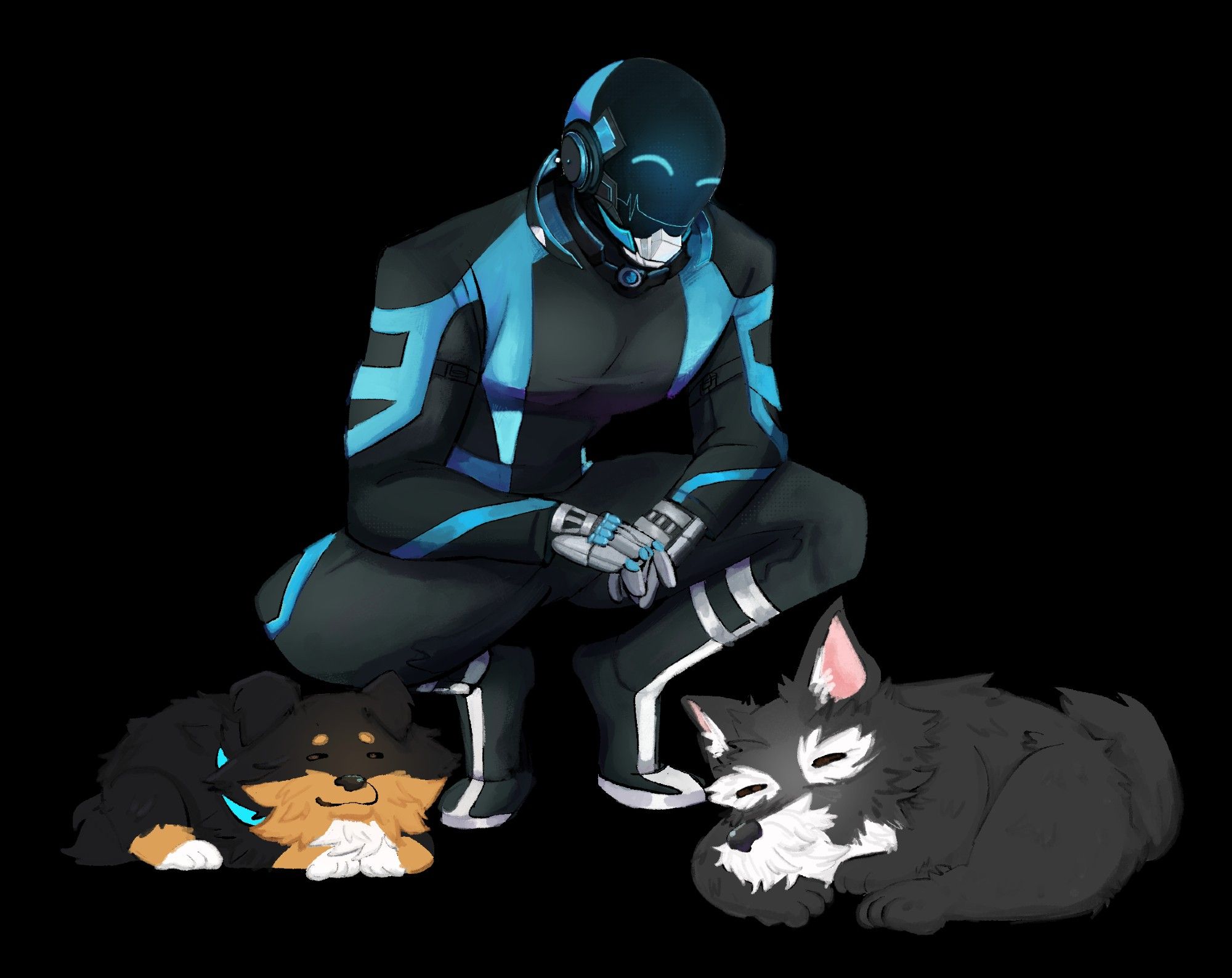 VTuber Silver-Streak crouched smiling above cartoon depictions of his dogs Bee and Willpw. Bee is smaller and black, brown, and white. Willow is grey and white.