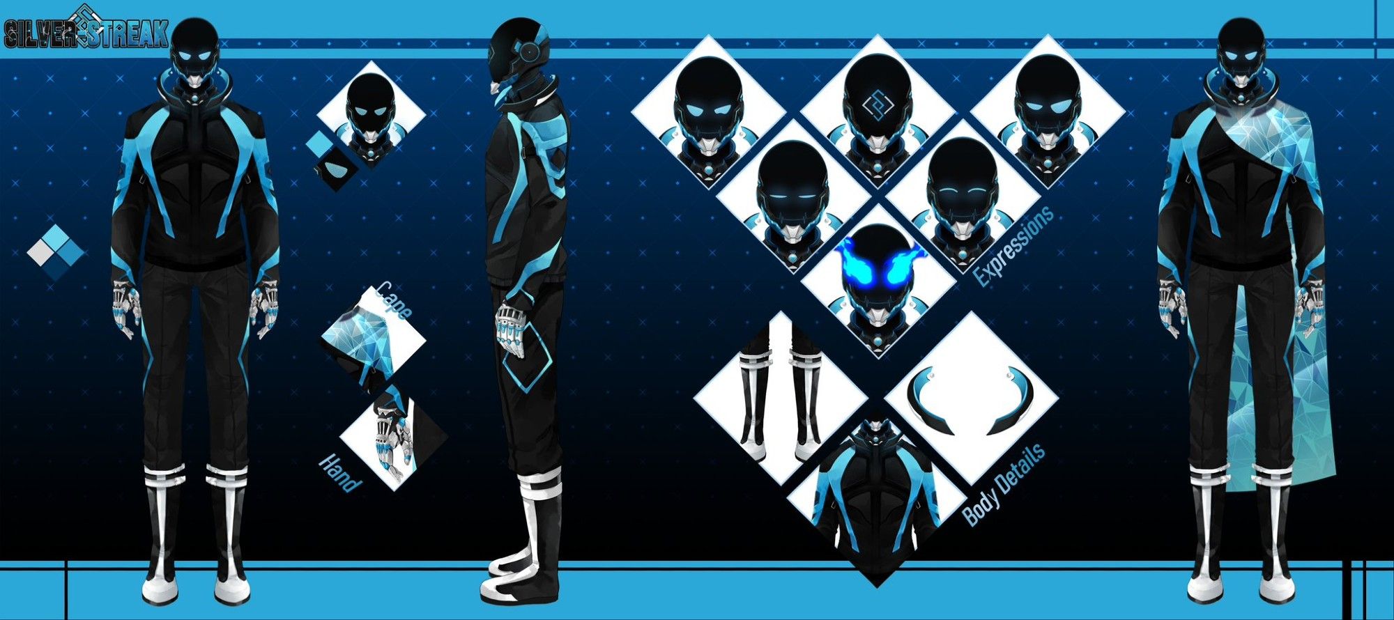 Vtuber Silver-Streak on a character reference sheet with 3 poses, front, side, and front with a holograhic cape. Infront of a black to blue gradiant bsckground. Also shown with somr facial expressions in diamond boxes.