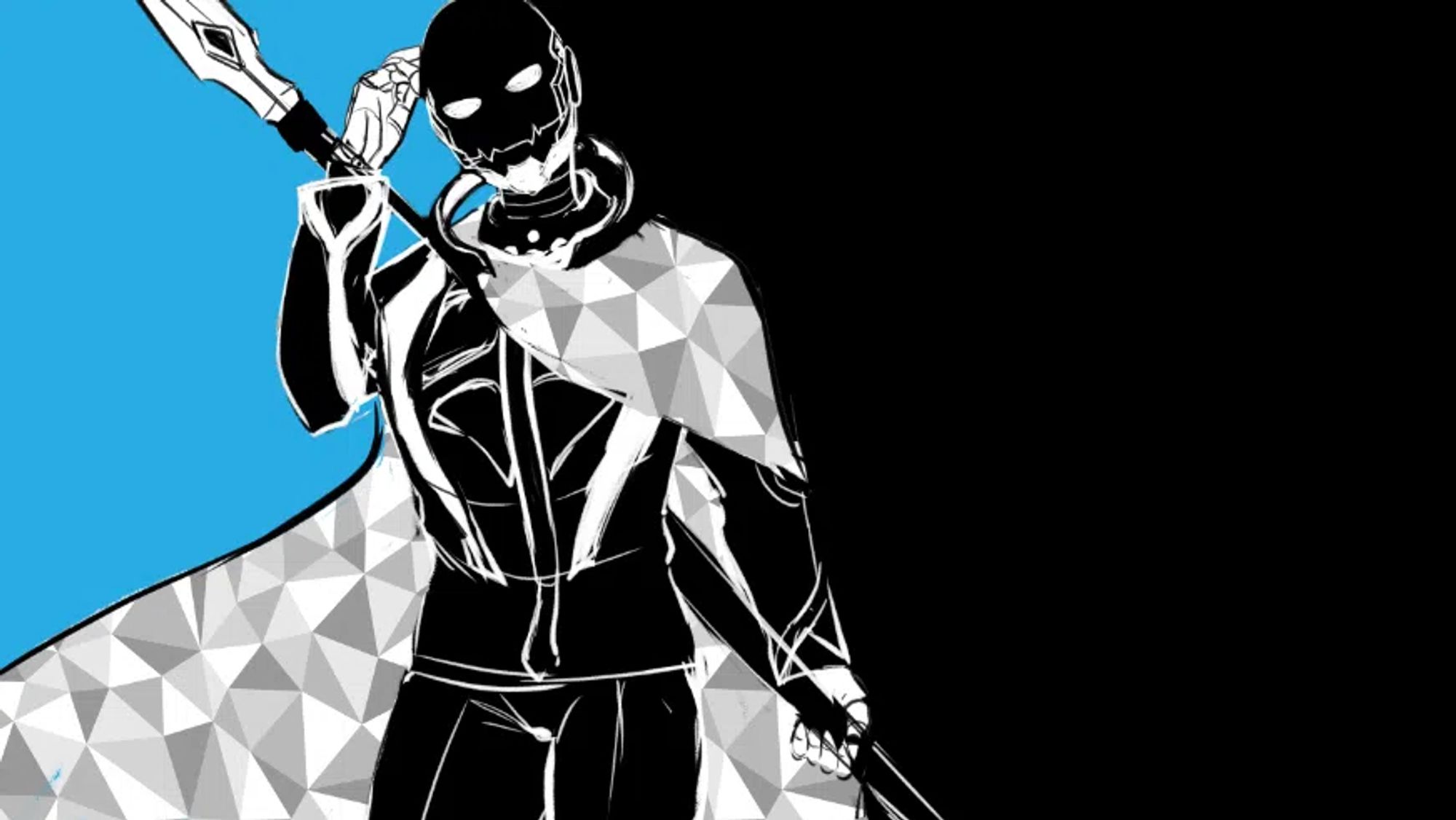 VTuber Silver-Streak drawn black and white the style of Persona 5 promo art. Holding a spear in one hand and wearing a holographic cloak.