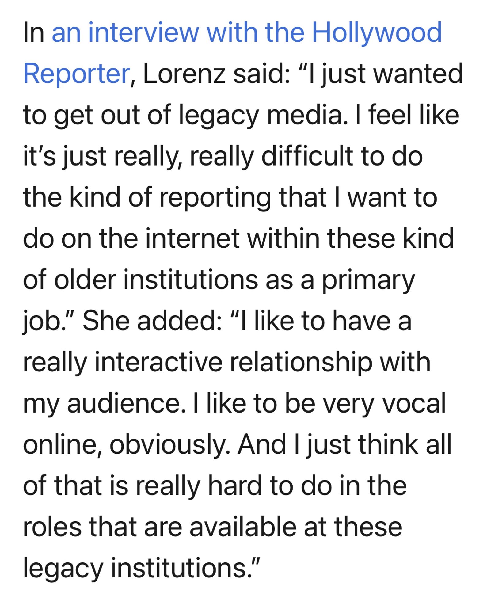 In an interview with the Hollywood Reporter, Lorenz said: “I just wanted to get out of legacy media. I feel like it’s just really, really difficult to do the kind of reporting that I want to do on the internet within these kind of older institutions as a primary job.” She added: “I like to have a really interactive relationship with my audience. I like to be very vocal online, obviously. And I just think all of that is really hard to do in the roles that are available at these legacy institutions.”