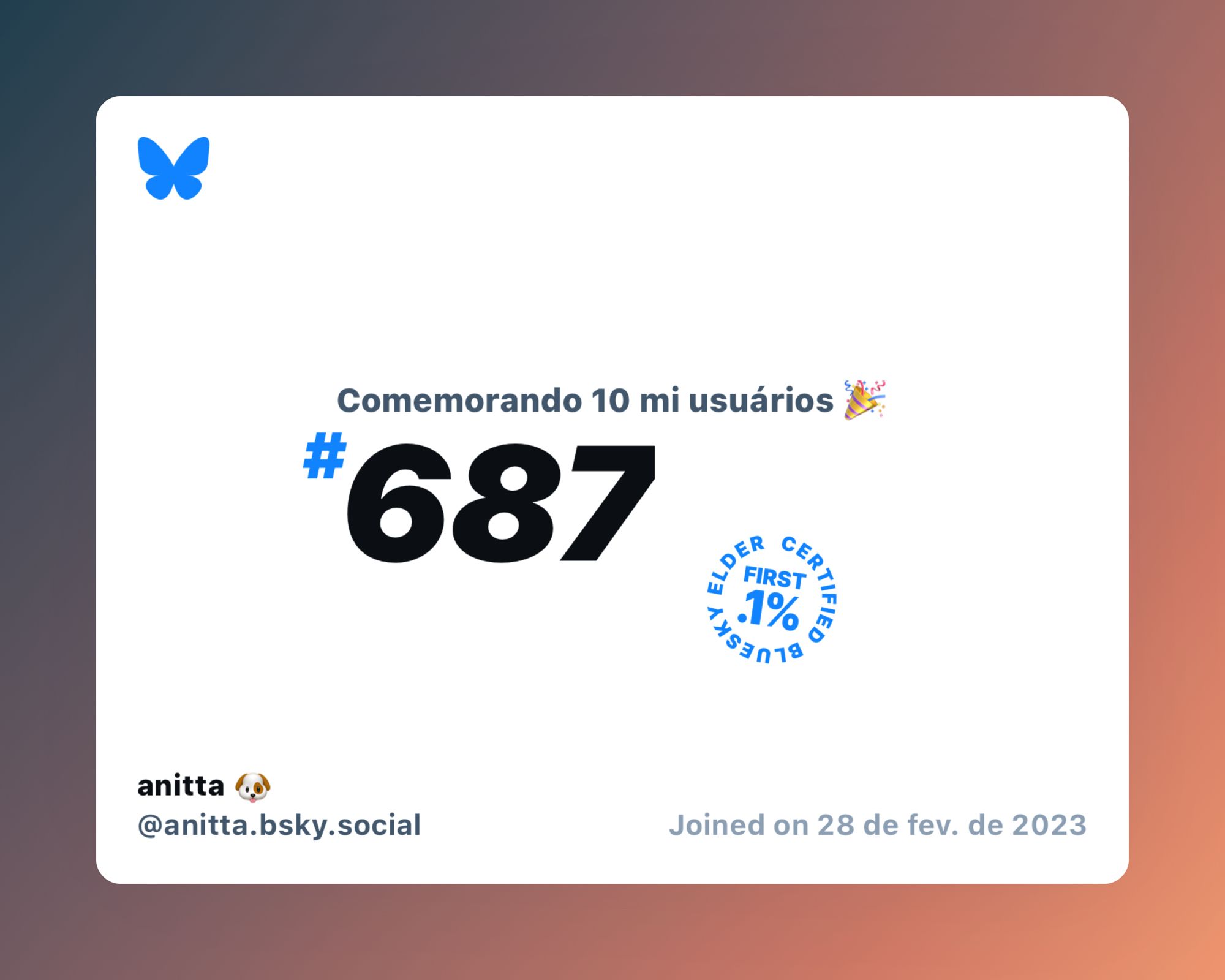 Um certificado virtual com o texto "Comemorando 10 milhões de usuários no Bluesky, #687, anitta 🐶 ‪@anitta.bsky.social‬, ingressou em 28 de fev. de 2023"