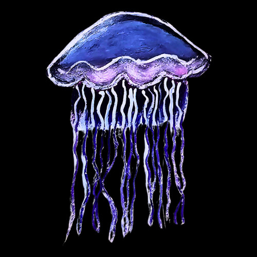 Painted image of a purple, pink, and blue jellyfish. This has many thin tentacles, some of them are laying against a dark background. The top is somewhat clam shaped with a pink ruffle bottom