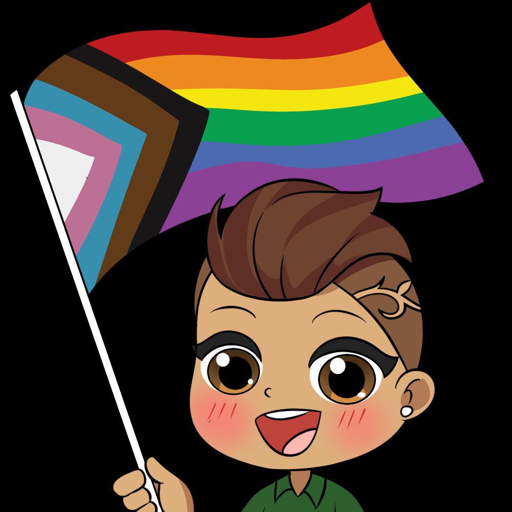 Chibi/cute style image of a woman with very short brown hair and a hair tattoo holding the progress pride flag and wearing a green shirt. She has a large  open happy smile and big brown eyes.