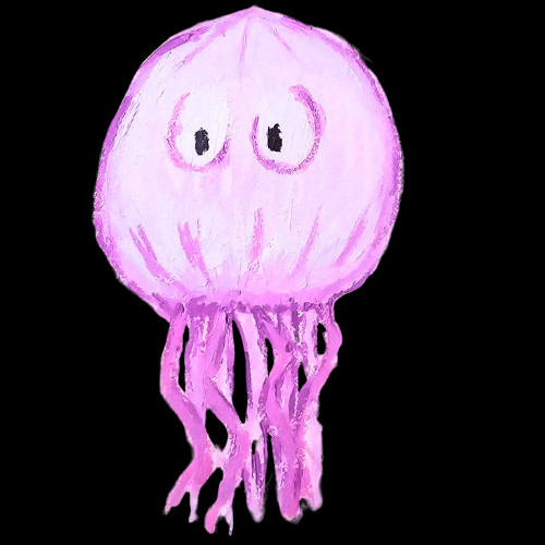 A cute pink jellyfish with big cartoon eyes, and a bubble shaped head. Almost looks like a balloon