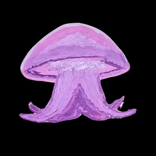 Pink cannon ball jellyfish, detailed painting, has four thick tentacles and a rounded head with a flat bottom, like a mushroom