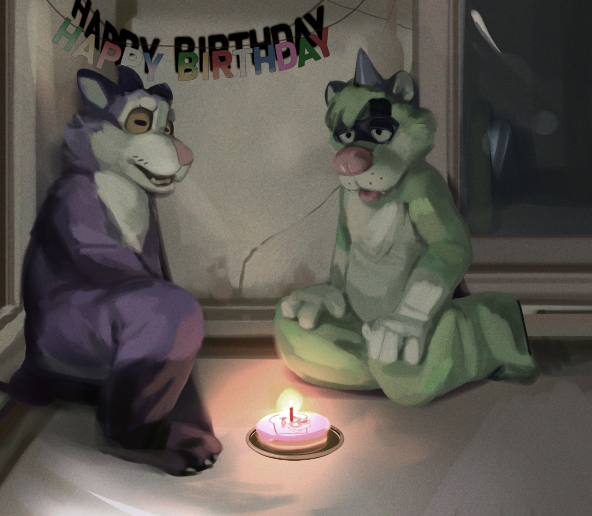 A parody of Coopertom's Birthday Photo: a painting of two people in fursuits next to a small birthday cake inside an old dimly lit room. The fursuit on the left is of a purple goat, while the one on the right is of a green ferret.