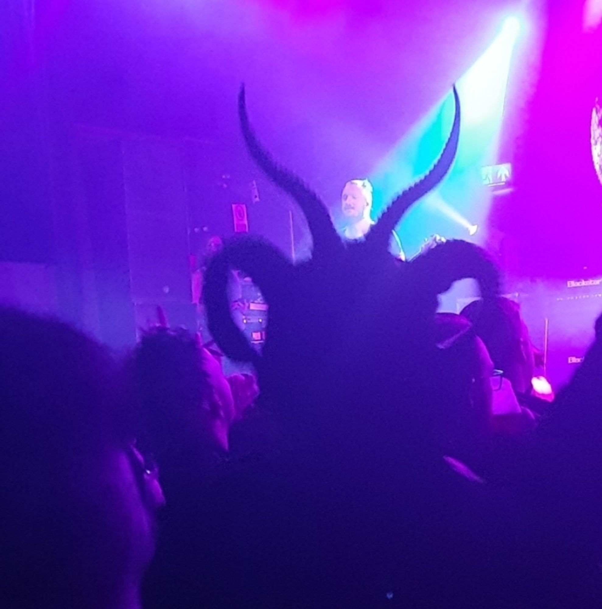 A photo of Baphomet, Lord of the Flies, Father of Lies, standing in the pit at a metal gig