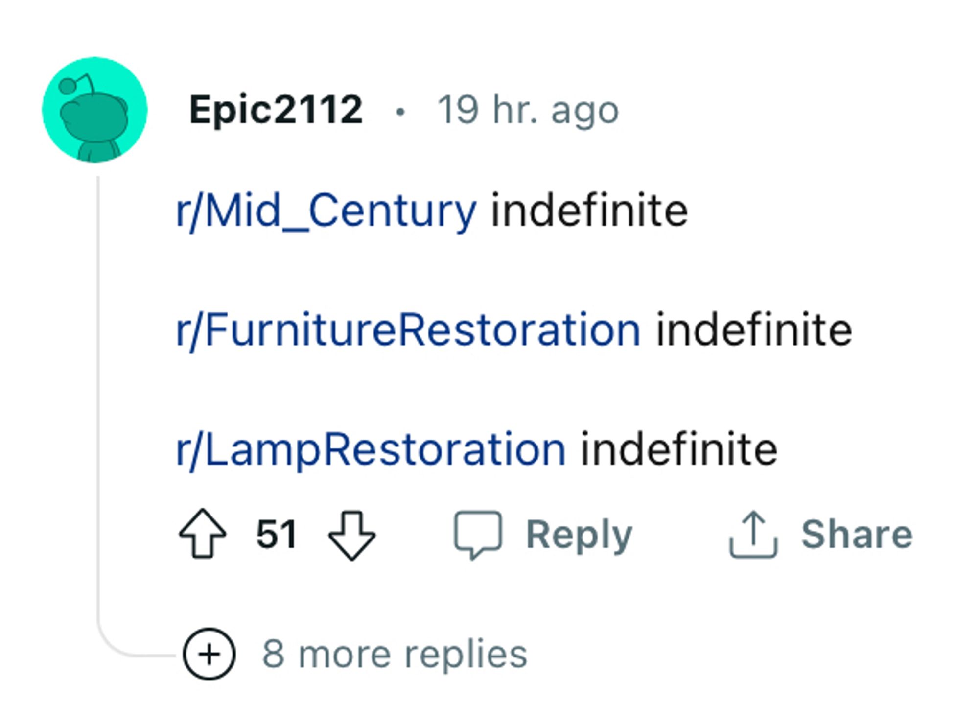 Epic2112 • 19 hr. ago
r/Mid _Century indefinite
r/FurnitureRestoration indefinite
r/LampRestoration indefinite