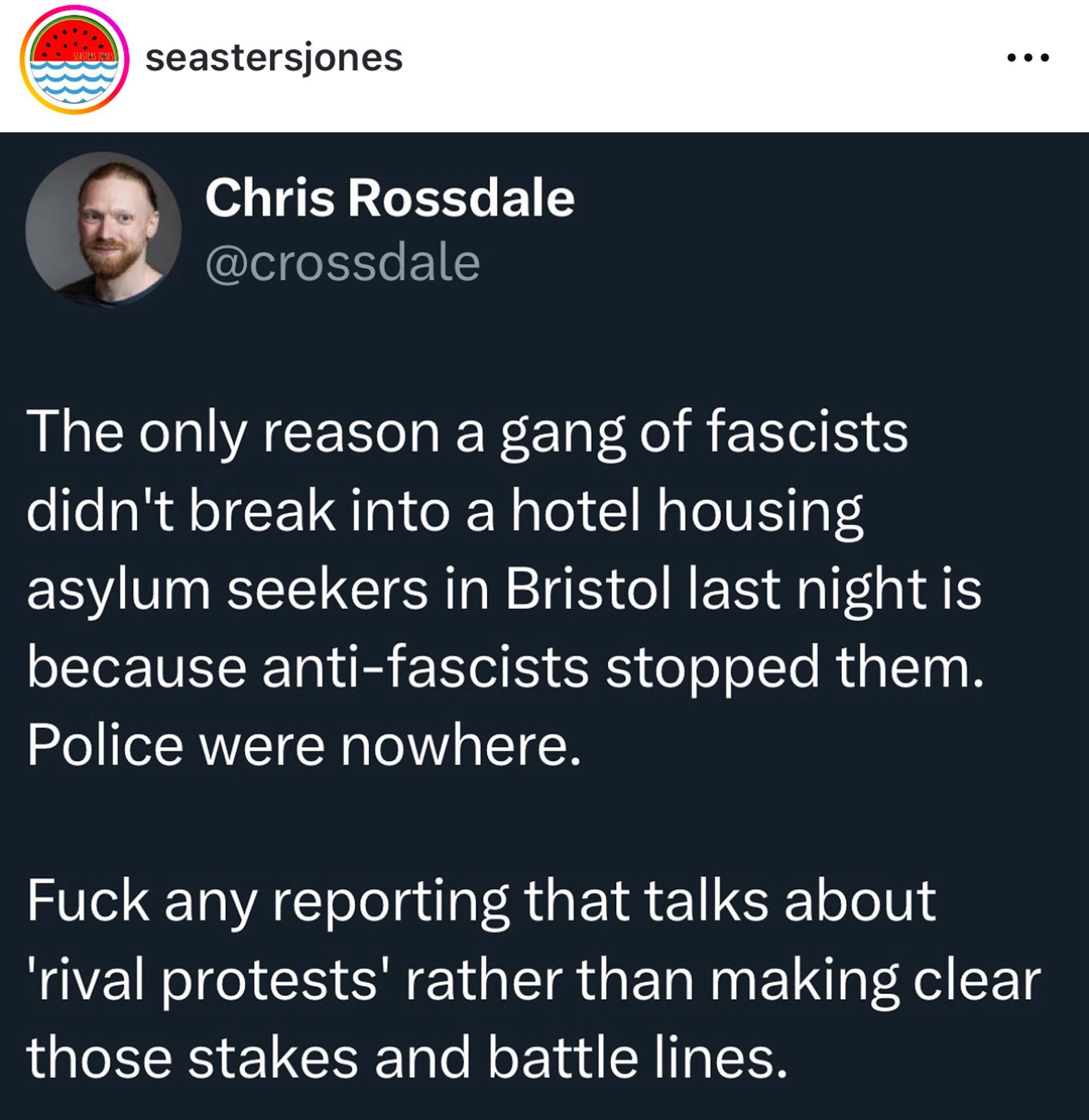 The only reason a gang of facsists didn't break into a hotel housing asylum seekers in Bristol last night is because anti-facsists stopped them. Police were nowhere

Fuck any reporting that talks about "rival protests" rather than making clear those stakes and battle lines.