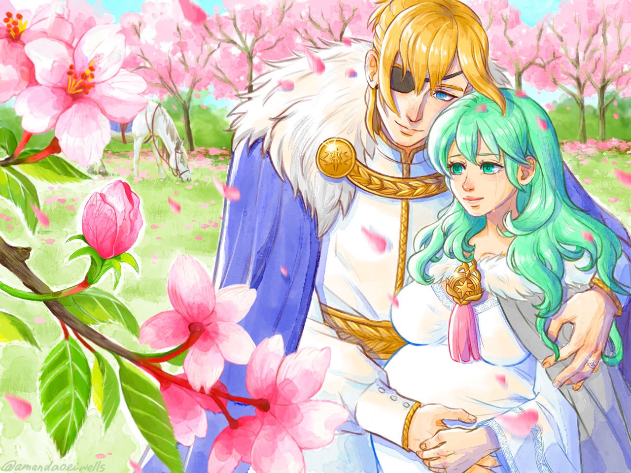 King Dimitri holding a pregnant, softly weeping Queen Byleth welcome the first pink flowers of spring with smiles on their faces.