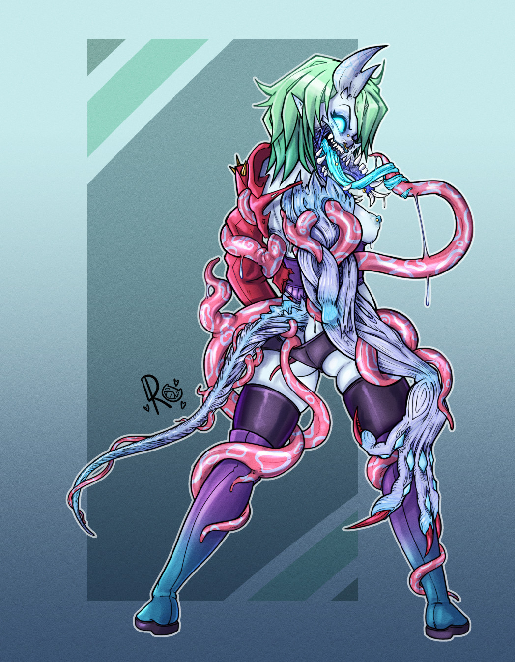 A monster girl with pale skin, green hair, asymmetric horns, and bright red tentacles that are growing out of her back. She has a tail and a giant right arm that are exposed muscle, and she's showing off her bifurcated lower jaw and elongated tongue.