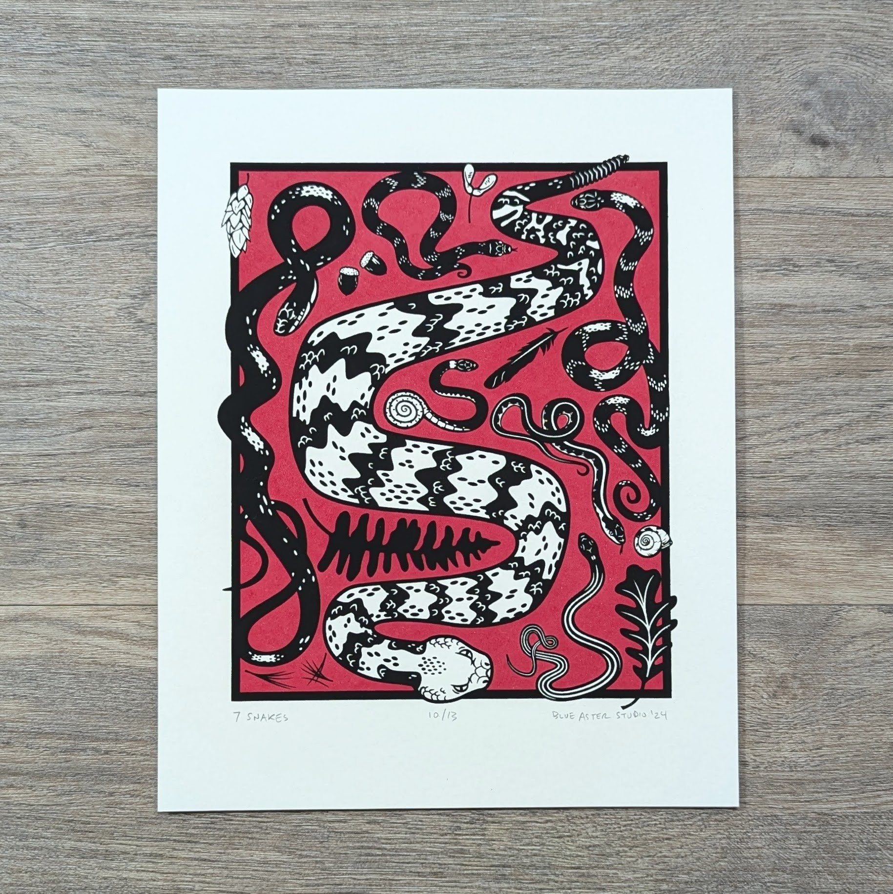 A screen printed of seven snakes native to the eastern US with a red background