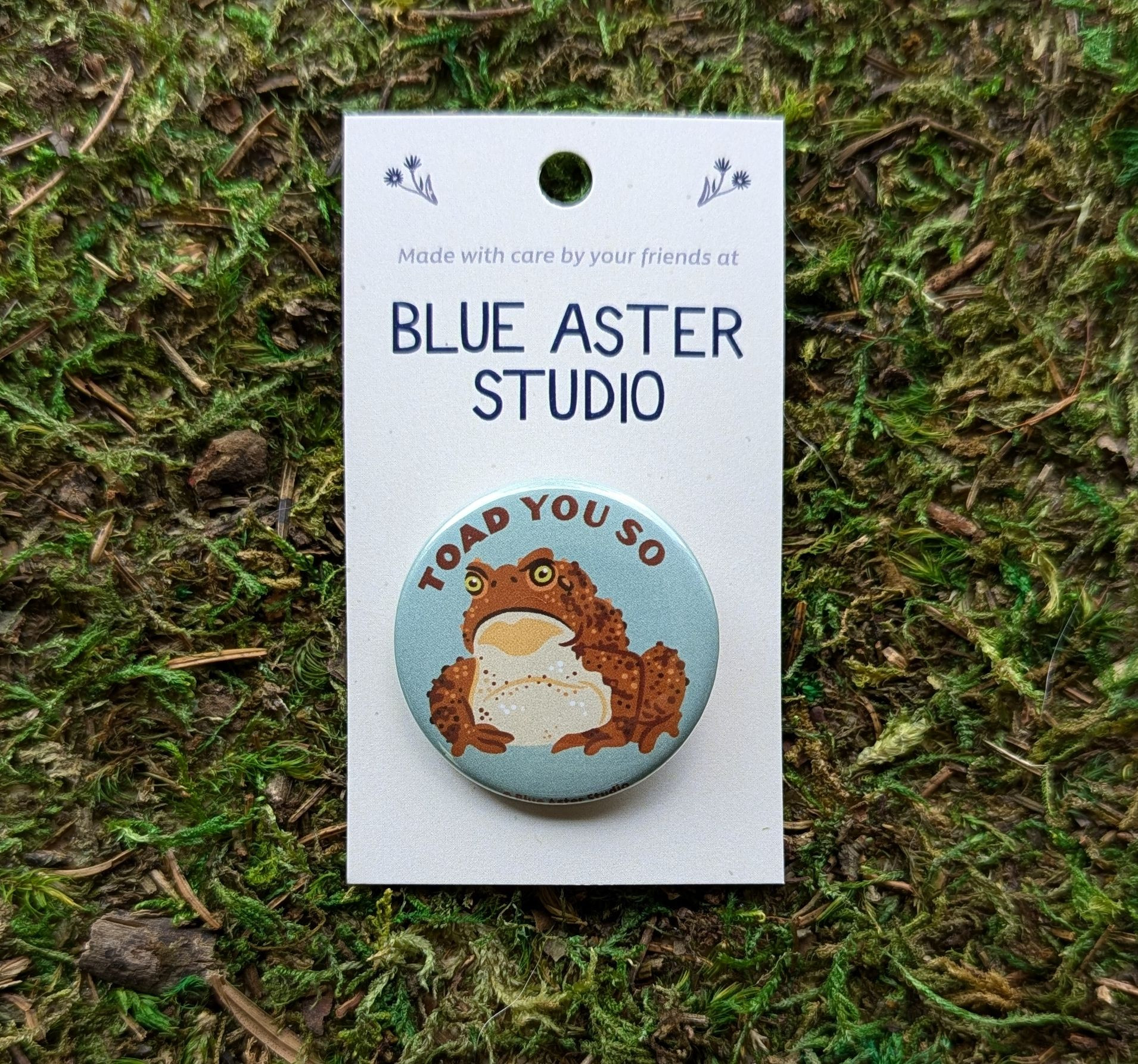 A round pin back button with an illustration of a toad with the text "toad you so"