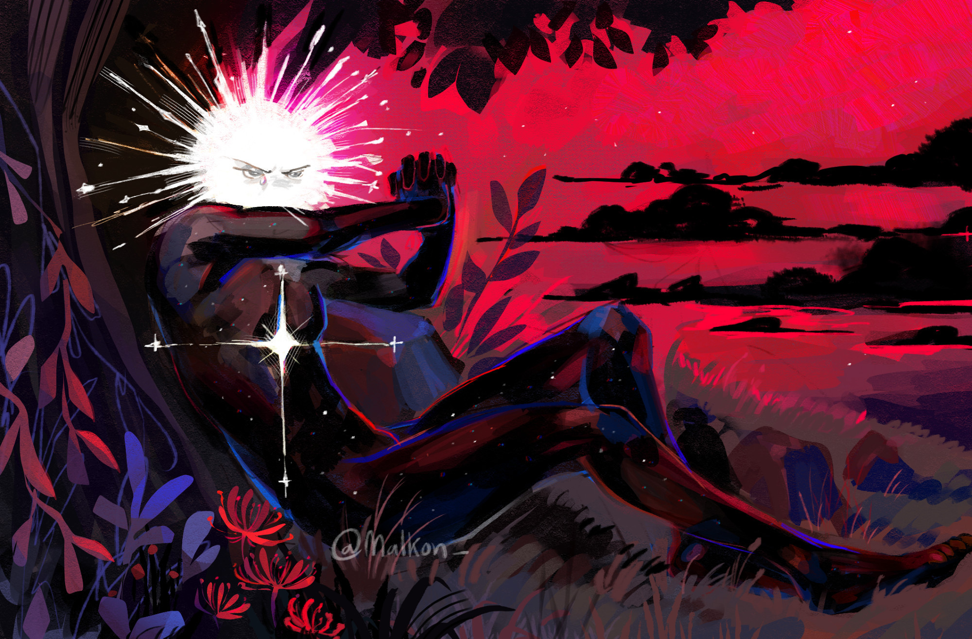 Illustration of Loop from In Stars and Time. The drawing is directly based off of Alexandre Cabanel's "The Fallen Angel" painting. 
Loop sits against a tree, hands clasped, and with a tear rolling down one eye. The sky is bright red with black clouds, the tree had blue and red vines running down it, and spider lily flowers sit in the grass by Loop's hip.