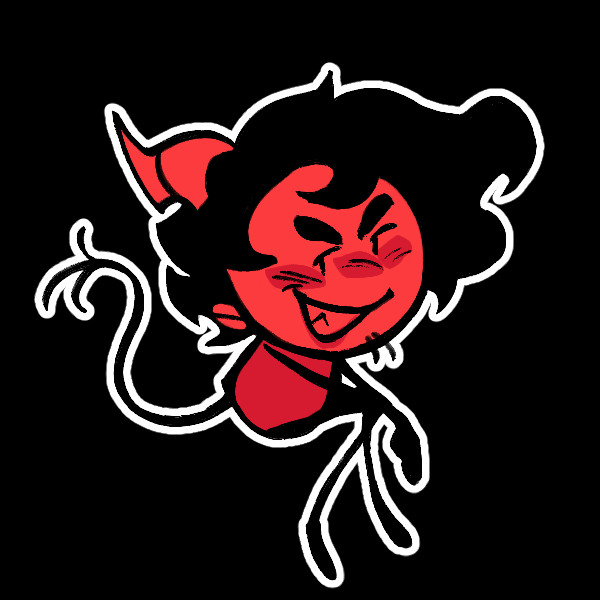 Simple stick-figure like illustration of a red demon, with backward facing horns, stringy tail, short fluffy hair, a little bit of face scruff, and thick eyebrows. They sit legs crossed with a toothy grin.