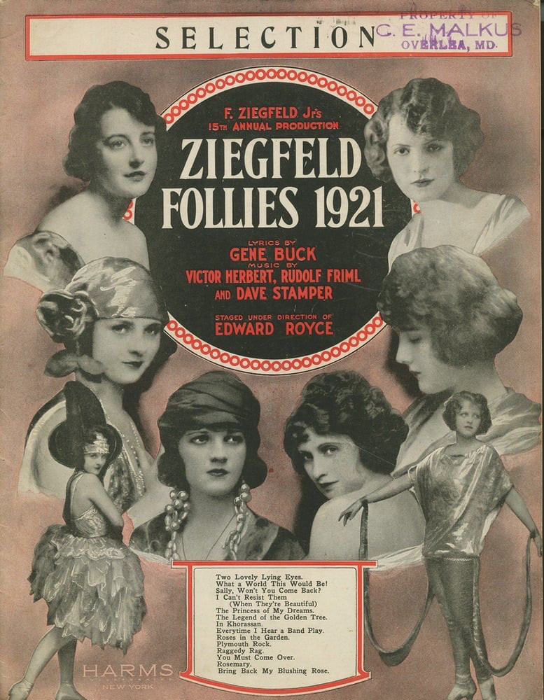 Cover of sheet music for the Ziegfeld Follies 1921 showing lots of women in 1920s dress 