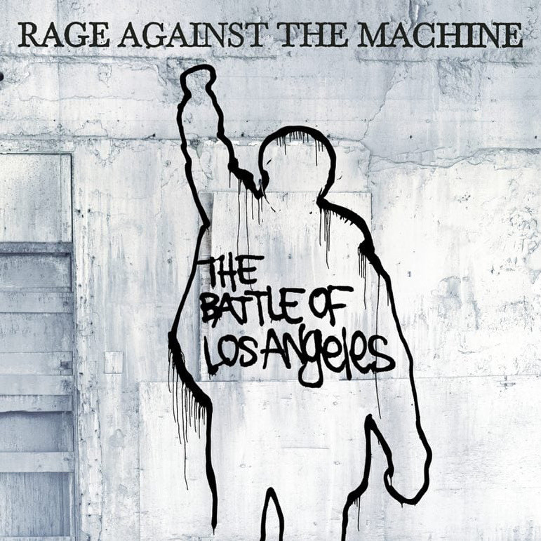 Rage Against The Machine’s album cover for The Battle of Los Angeles. A white background has a spray painted black outline of a person with a fist raised. Also spray painted in black is the album’s title.