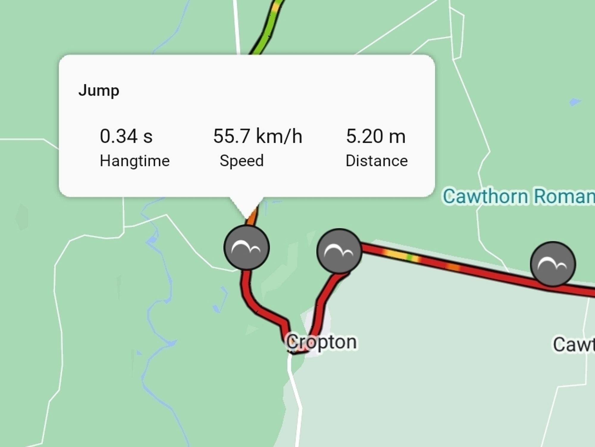 Graphic showing route map and details of jump: 
Hangtime: 0.34s
Speed: 55.7kph
Distance: 5.2m