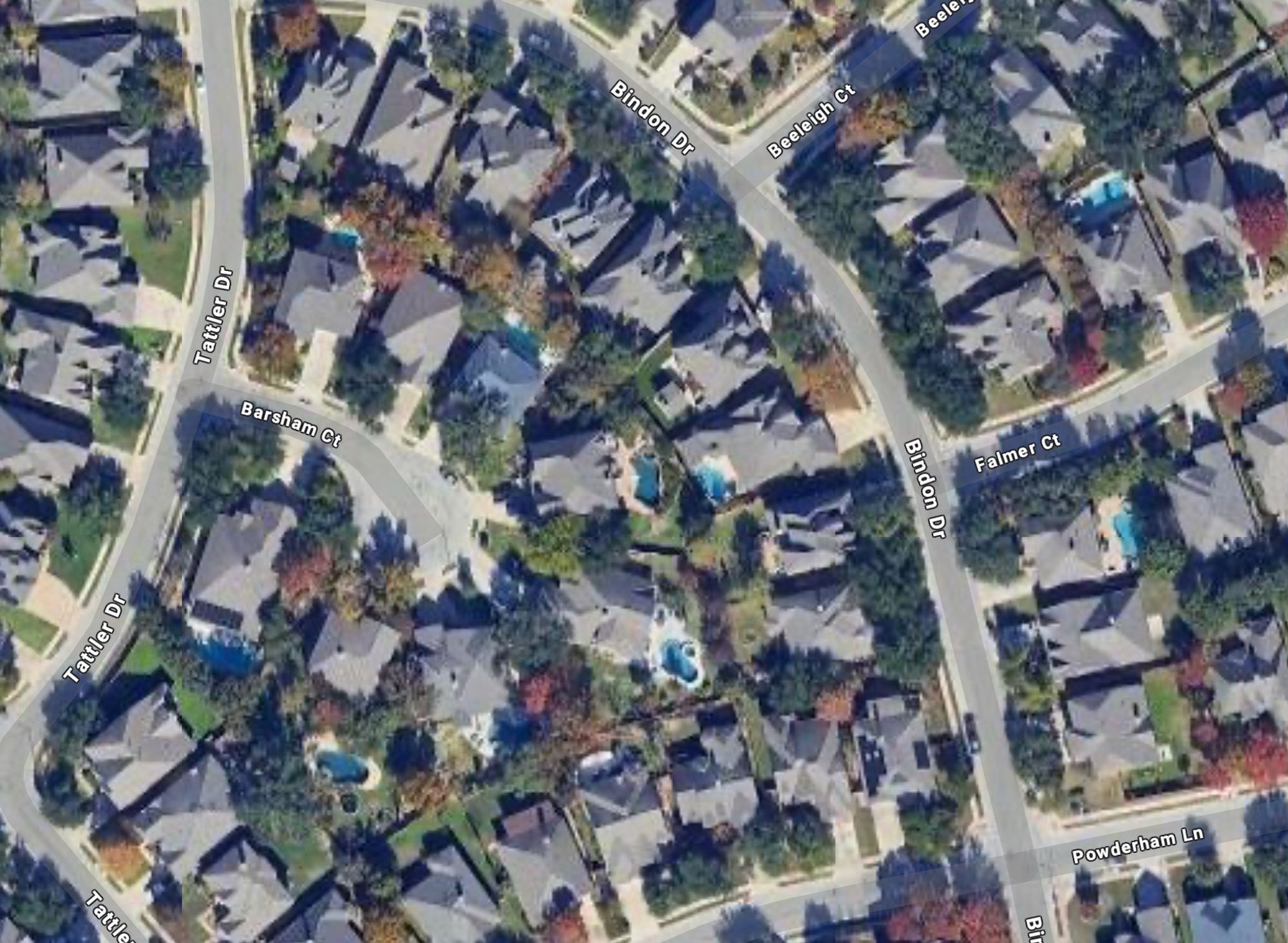 Screenshot from Google Maps from a typical US suburb with houses on tiny properties with nearly zero space between the houses, but long distances to any groceries, schools, workplaces or anything else than these houses.