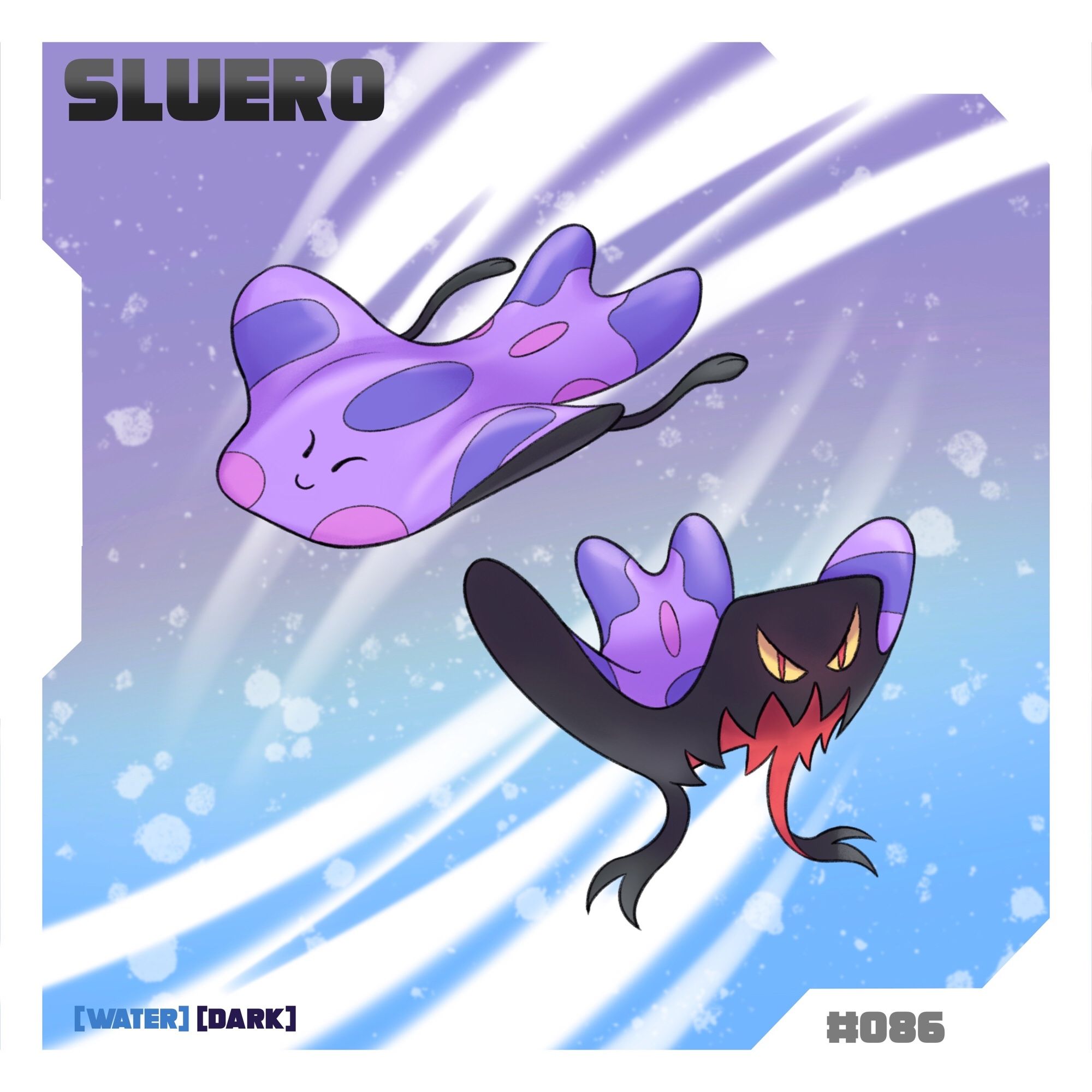 Illustration of a fake Pokémon named Sluero. A seemingly docile manta ray Pokémon from the topside, menacing appearance from below. Water / Dark type.