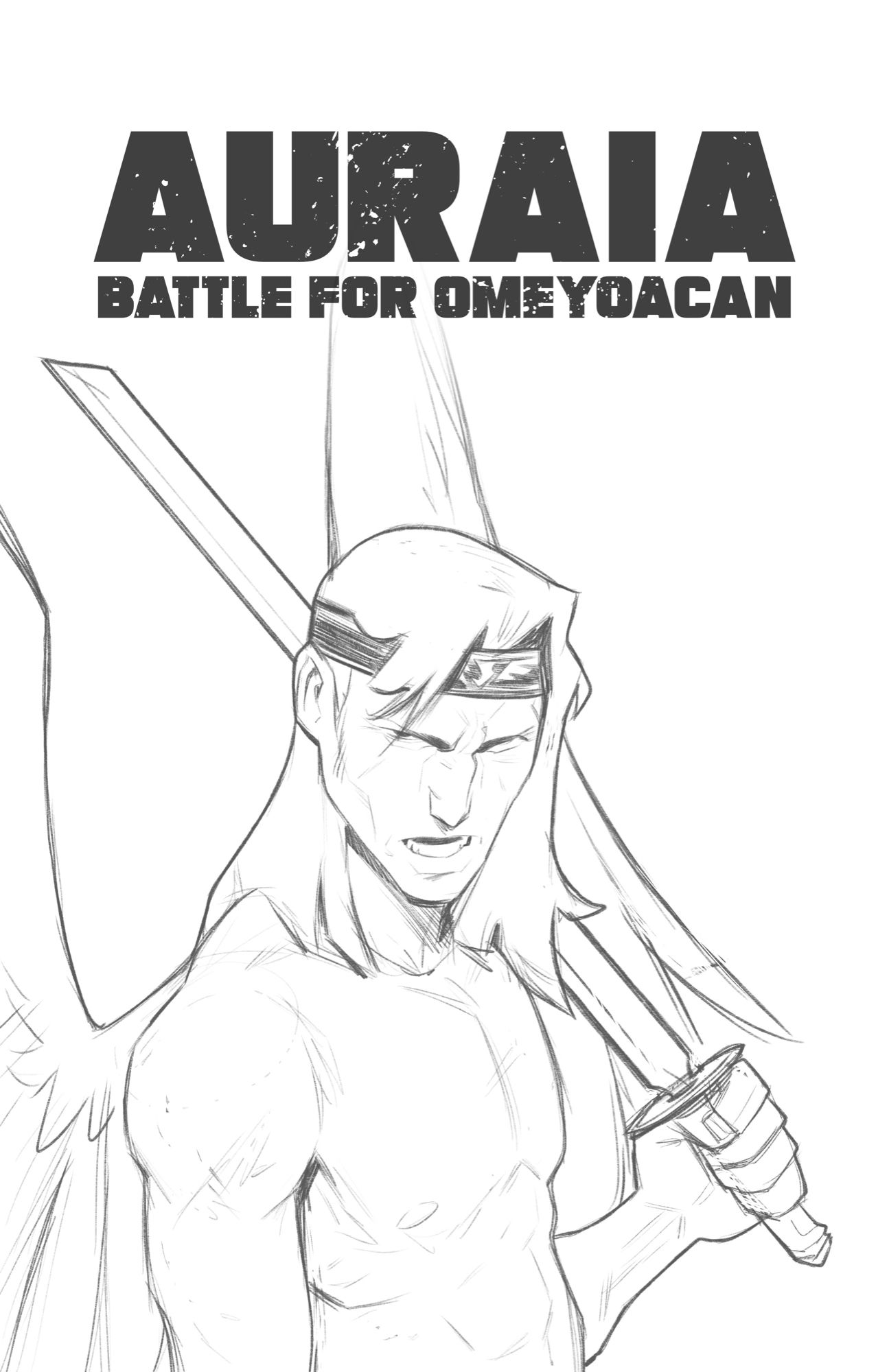 Concept cover art for potential graphic novel.
Reads: Auraia, Battle for Omeyoacan.

Character (Lobo) with shoulder length hair held back by a headband. He is holding a sword over his shoulder while donning raven-like wings.