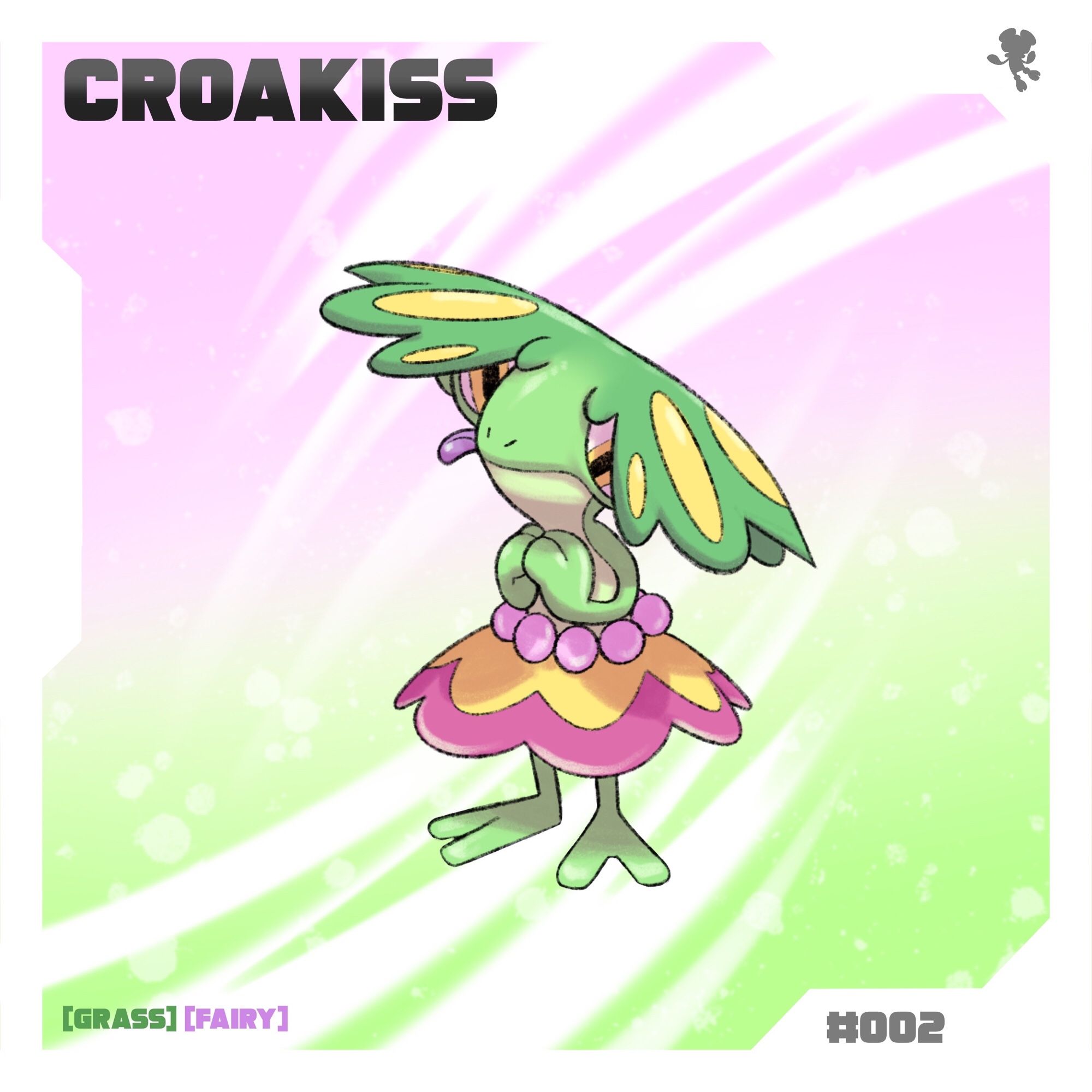 Illustration of fake Pokémon named Croakiss. Lily pad for hair, lily for a dress. Fairy / Grass type. 