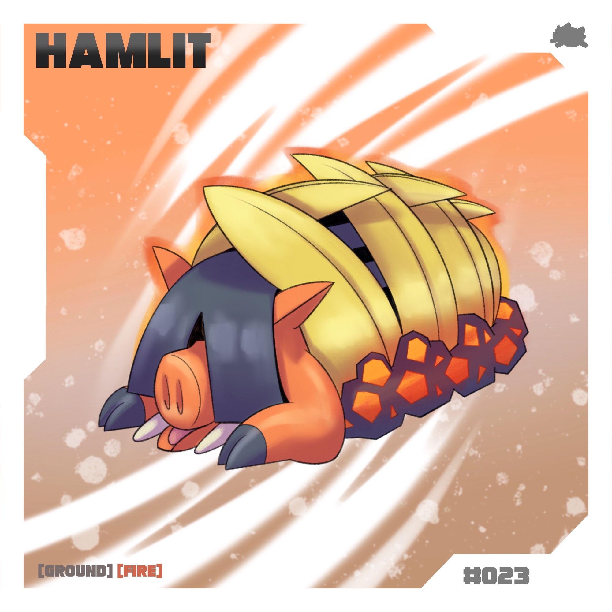 Illustration of a fake Pokémon named Hamlit. A large boar resting on pit fire coals covered in yellow banana leaves. Ground / Fire type.