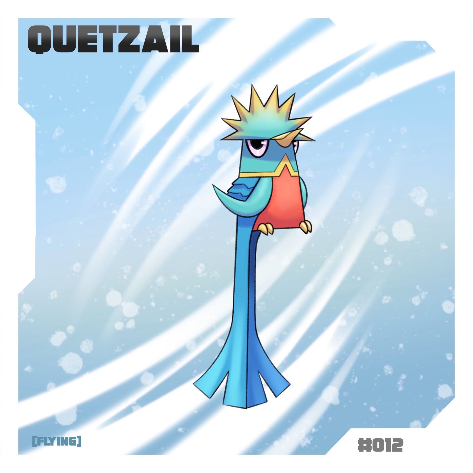 Illustration of a fake Pokémon named Quetzail. A colorful chunky bird with a long tail and gold tipped crown feathers. Flying type.